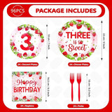 96Pcs Strawberry 3rd Birthday Party Supplies Three is So Sweet