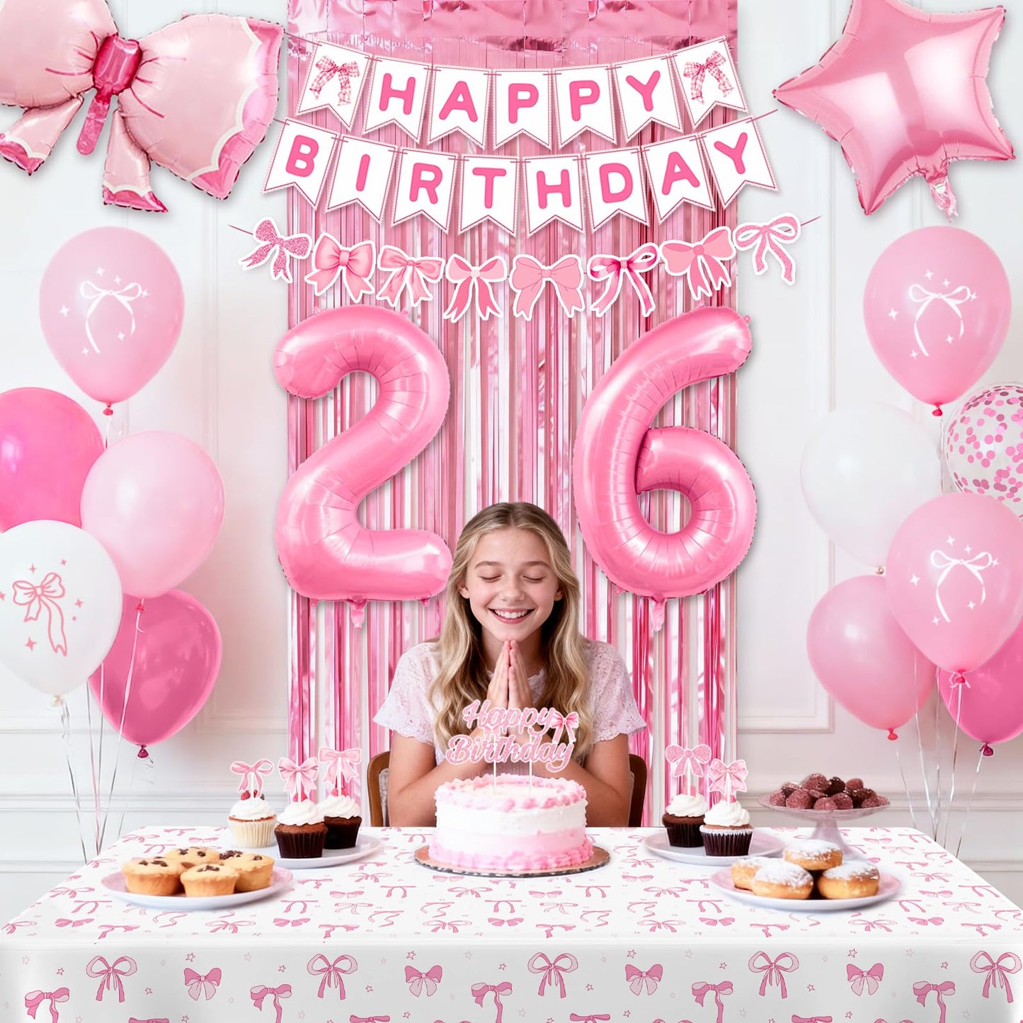 26th Pink Birthday Decorations for Women, Pink Bow Coquette Birthday