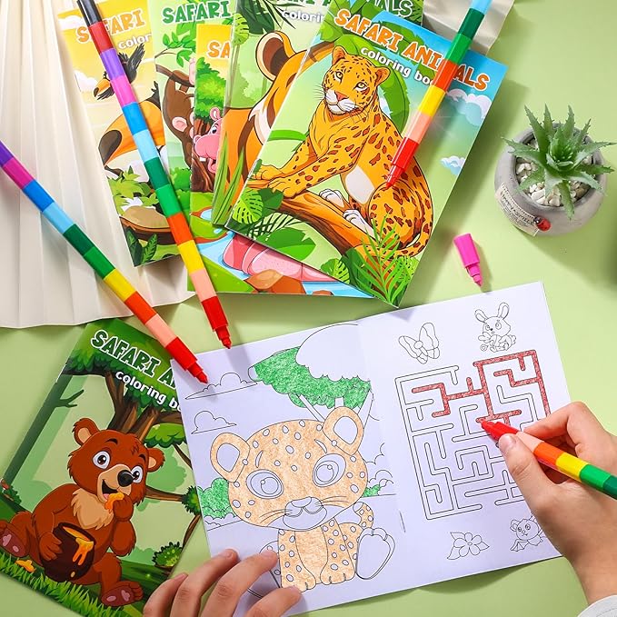 12 Jungle Safari Mini Coloring Books Kids with 12 Stacking Crayons