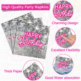 96PCS Silver Sequins Pink Neon Birthday Paper Plates and Napkins