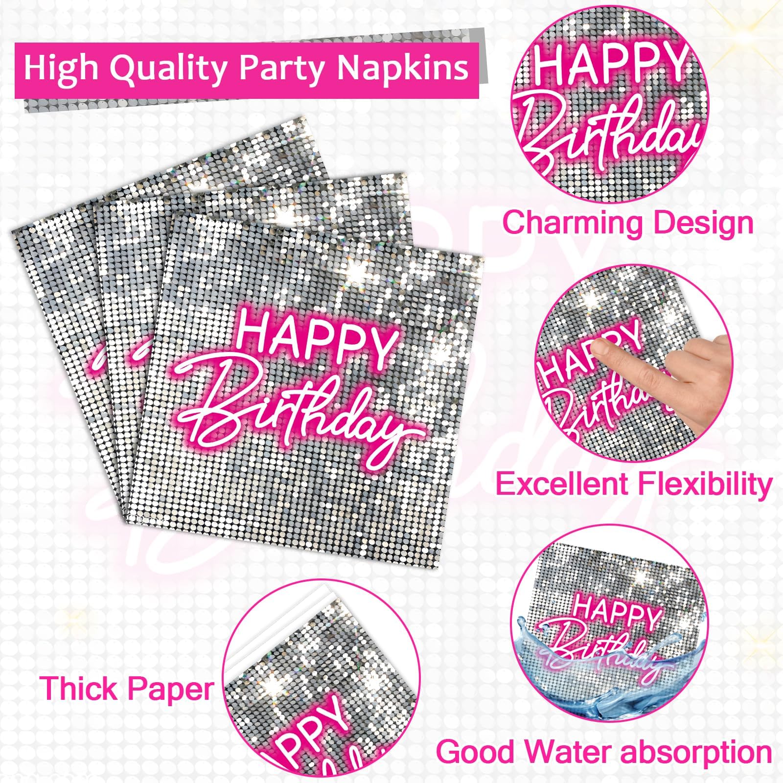 96PCS Silver Sequins Pink Neon Birthday Paper Plates and Napkins