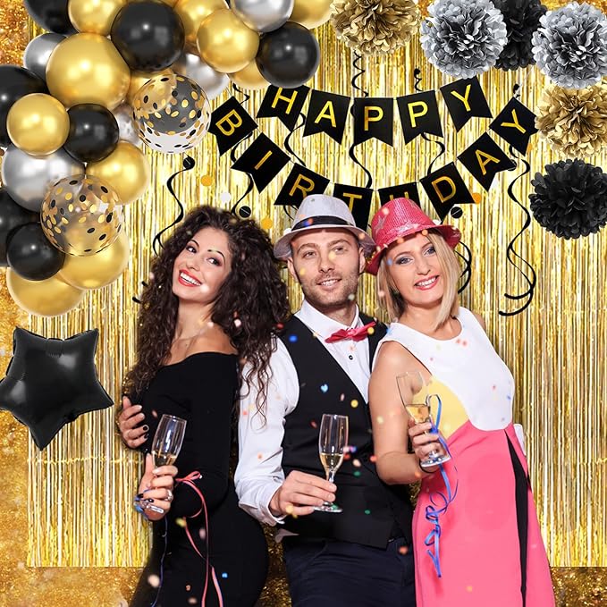 Black and Gold Birthday Party Decorations Kit for Men Women Cheers