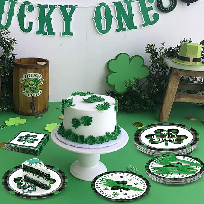 96 Pieces St Patrick's Day Tableware Set Green and Black Plaid