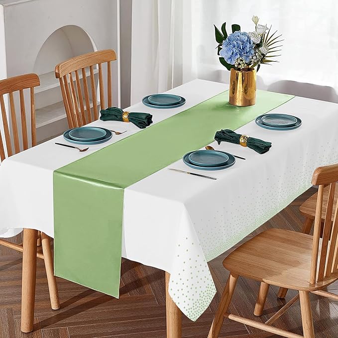 8Pack Plastic Tablecloths and Satin Table Runner Set Disposable White