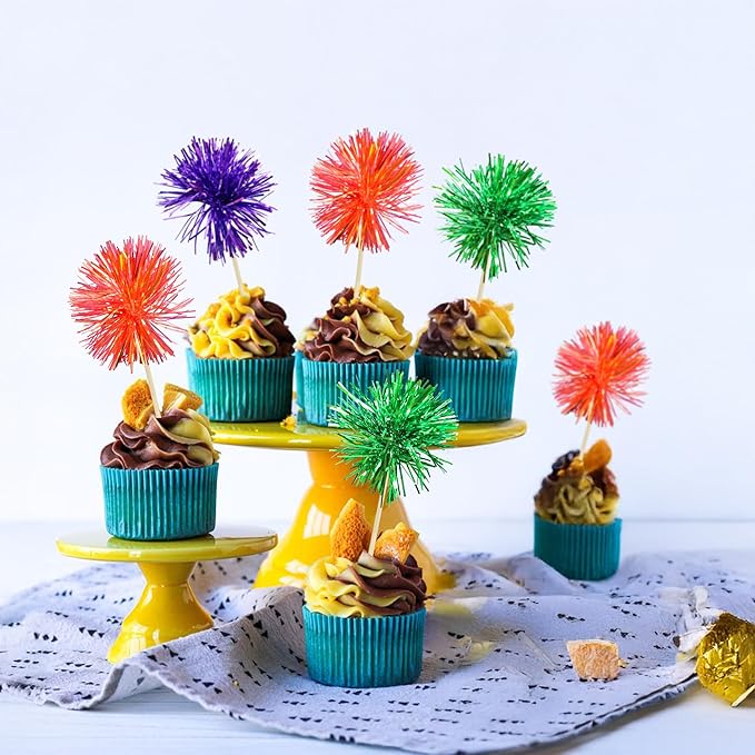 Gyufise 30Pcs Foil Firework Cupcake Toppers Sparkle Tinsel Cake #23