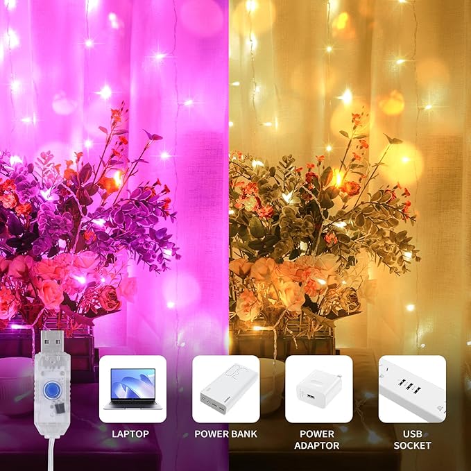 Color Changing Curtain Lights, Pink Room Decor 8 Modes LED String