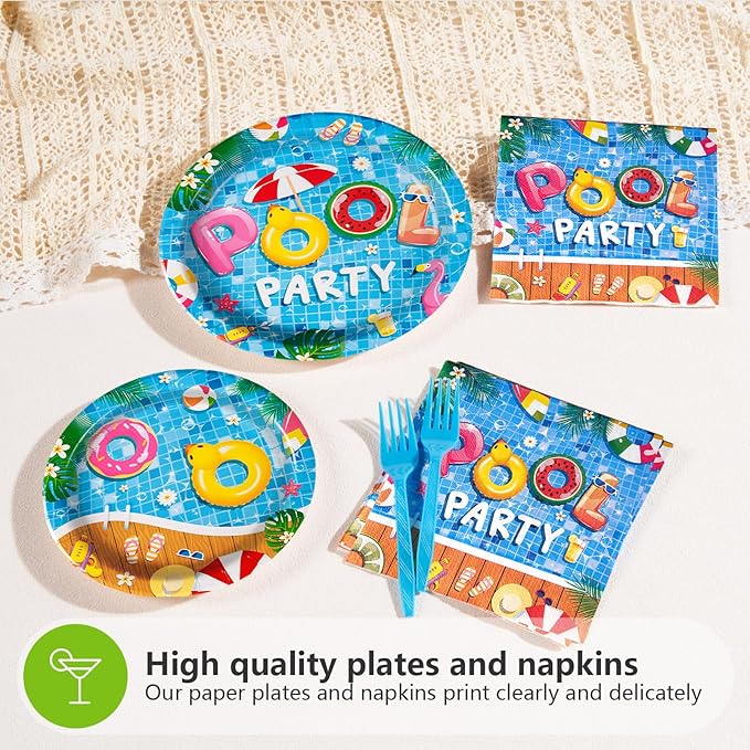 200 Pcs Pool Party Supplies Summer Pool Party Plates and Napkins