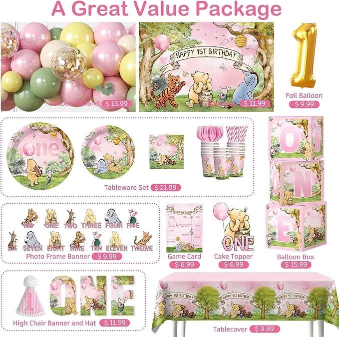 273 PCS Bear 1st Birthday Decorations All in One Baby Girl 1st