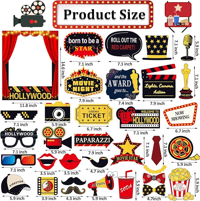 34pcs Hollywood Themed Movie Night Party Photo Booth Props Hollywood