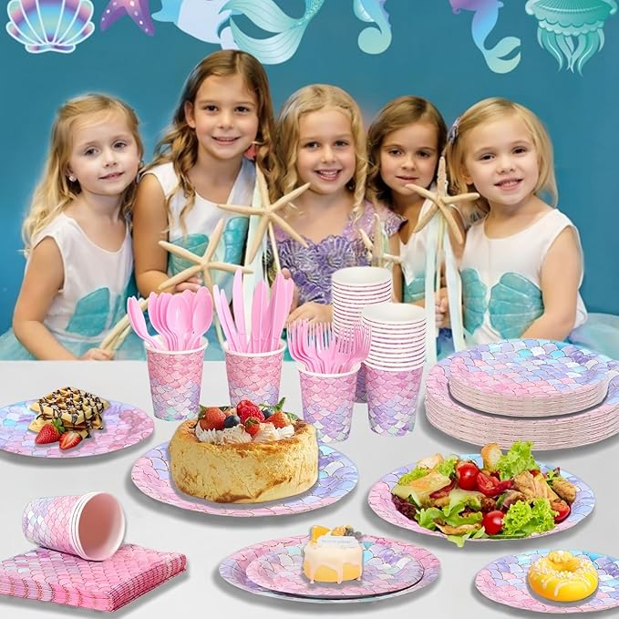 168 Pcs Mermaid Birthday Party Decorations Plates Set for 24 Guests