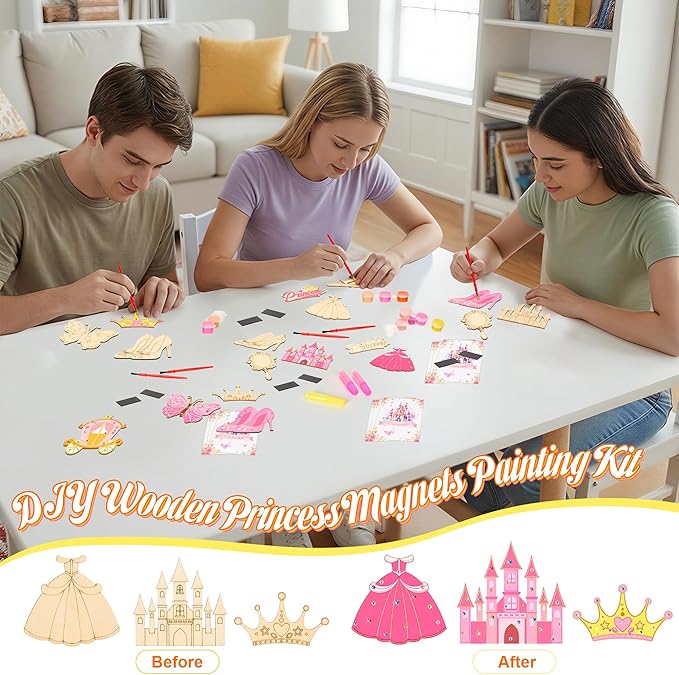 24 Sets Princess Party Favors DIY Wooden Painting Crafts Kit with