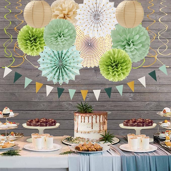 Sage Olive Green Gold Brown Boho Party Decorations 33pcs Paper