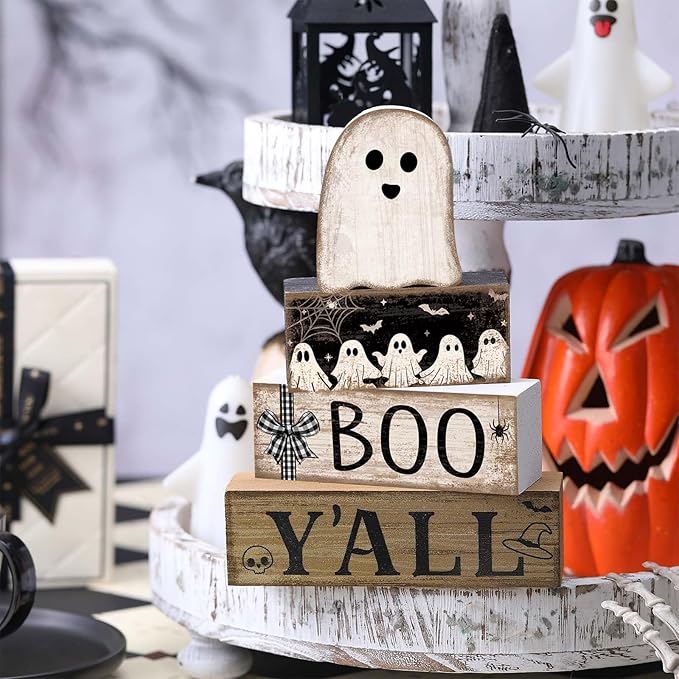 4 Pcs Halloween Table Decoration Wooden Ghost Tiered Tray Decoration
