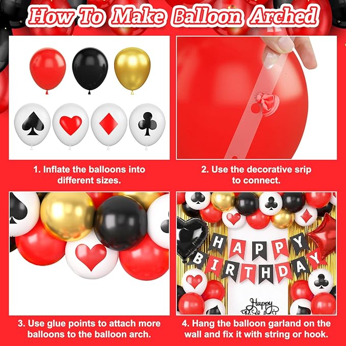 Casino Theme Party Decorations Red Black Gold Poker Balloons Happy