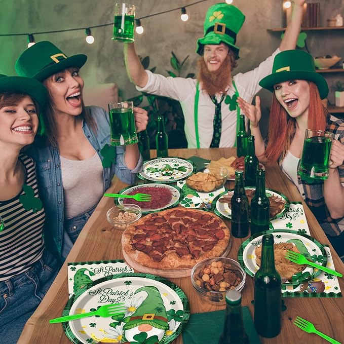 96 Pcs St Patrick's Day Plates and Napkins Green Shamrock Gnome