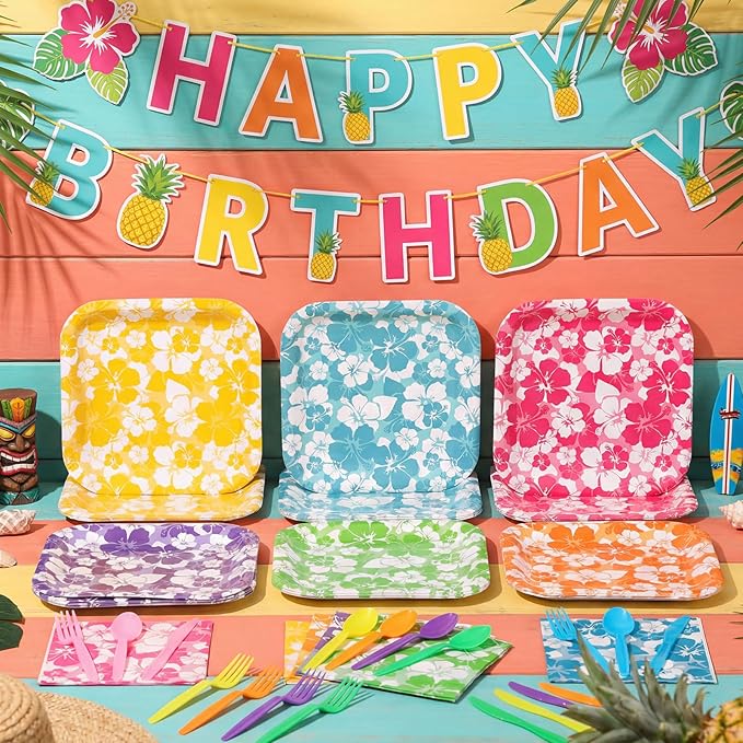 240 Pcs Hibiscus Party Square Plates and Napkins Hawaiian Theme