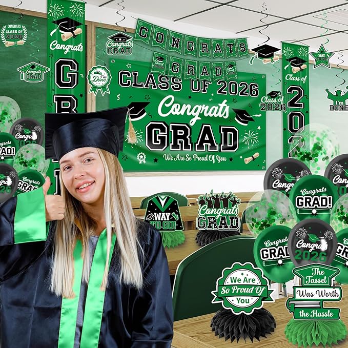 Graduation Decorations 2026 Green Graduation Party Decor Set include