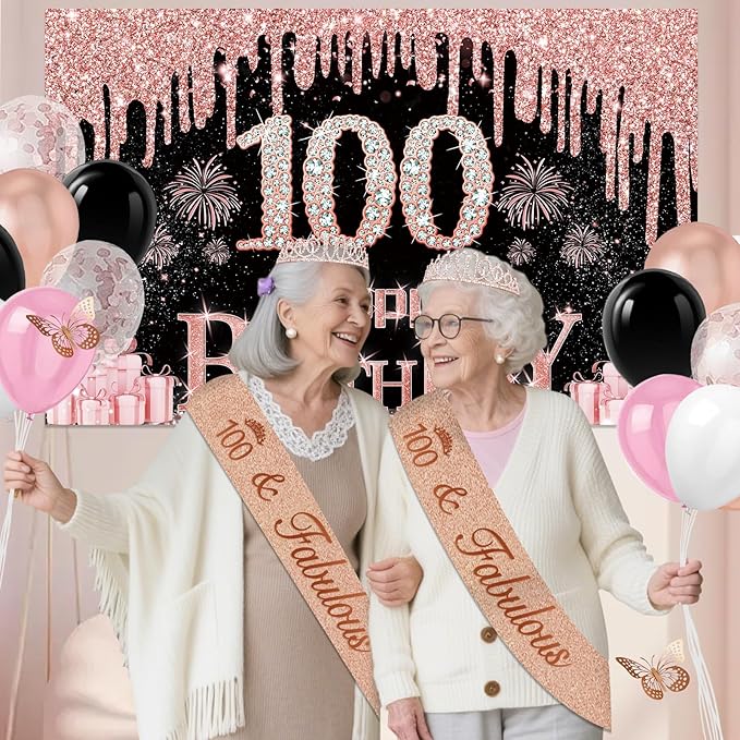 100th Birthday Decorations for Women 49pcs Black Rose Gold Black