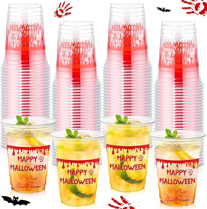 100 Pcs Halloween Plastic Cups 16 oz Clear Disposable Blood Print