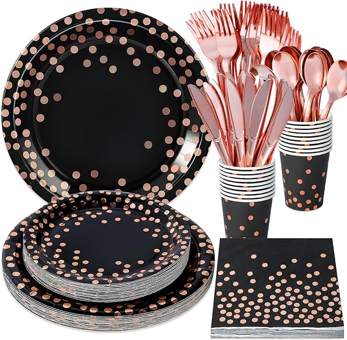 175PCS Black and Rose Gold Party Supplies,Rose Gold Dot on Black
