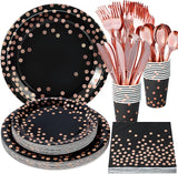 175PCS Black and Rose Gold Party Supplies,Rose Gold Dot on Black