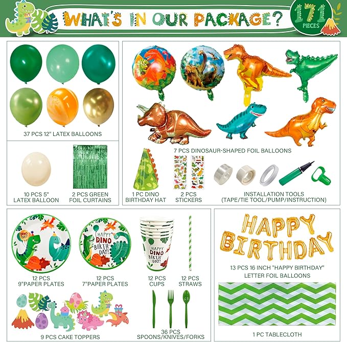 Party Spot! 172 Pcs Dinosaur Birthday Decorations 12 Tableware Sets