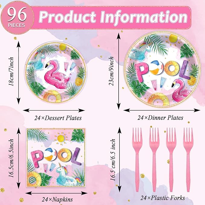 96Pcs Pink Pool Party Plates and Napkins Summer Beach Birthday Party