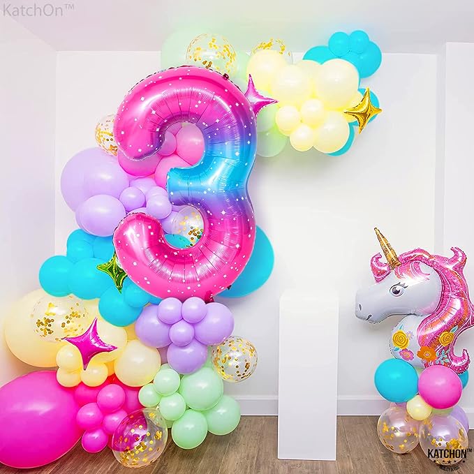 KatchOn, Rainbow 40 Inch 3 Balloon - Pink Blue | 3rd Birthday