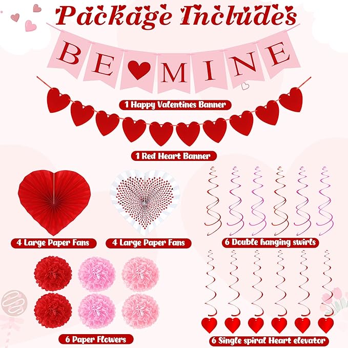 26PCS Valentines Decorations Happy Valentines BE MINE Banner Heart