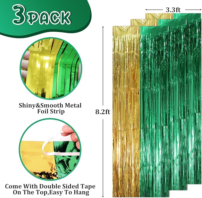 Voircoloria 3 Pack 3.3 x 8.2 ft Green and Gold Foil Fringe Backdrop