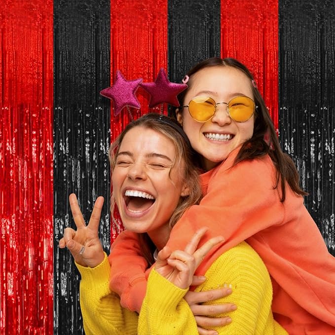 2 Pack Black and Red Backdrop Party Decorations Tinsel Curtain