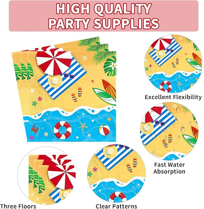 200Pcs Beach Party Supplies Hello Summer Party Plates and Napkins