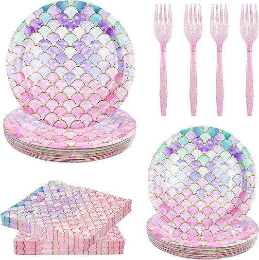 120 Pieces Mermaid Scale Birthday Party Tableware Set Includes