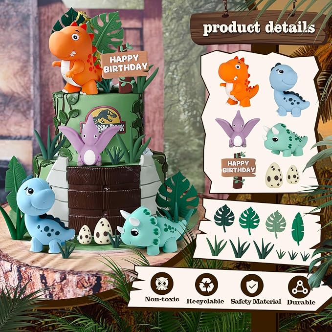 17PCS Dinosaur Cake Topper Dinosaur Eggs Leaves Grasses Cake