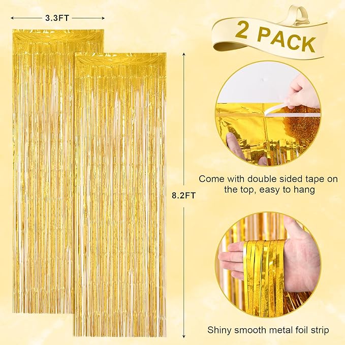 Voircoloria 2 Pack Laser Gold Foil Fringe Backdrop Curtains, Tinsel