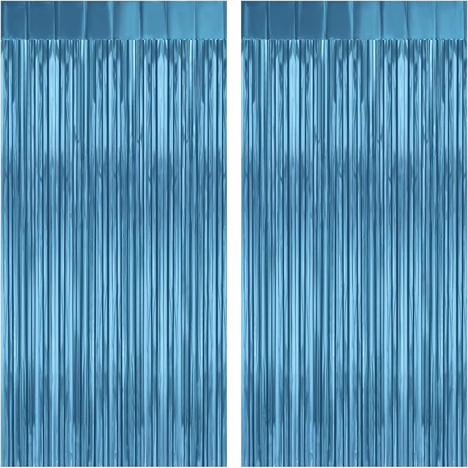 2 Pack Lake Blue Foil Fringe Curtains Tinsel Backdrop, 3.2Ft x 8.2Ft