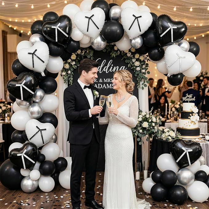 Black White Heart Balloons with Ribbon Bow, 18 Inch Matt Black and