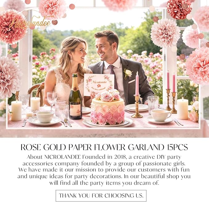 Rose Gold Wedding Decorations 15 PCS Tissue Paper Pom Poms for
