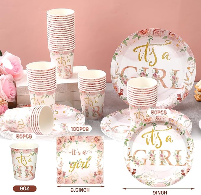 200 Pcs Floral Baby Shower Paper Plates Napkins Cups Baby Shower