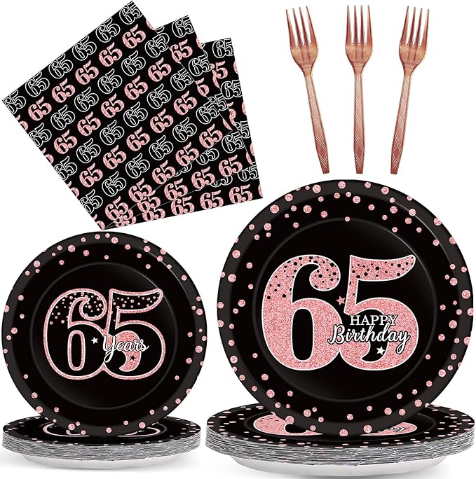 96 Pcs 65th Birthday Plates and Napkins Party Supplies Happy 65th