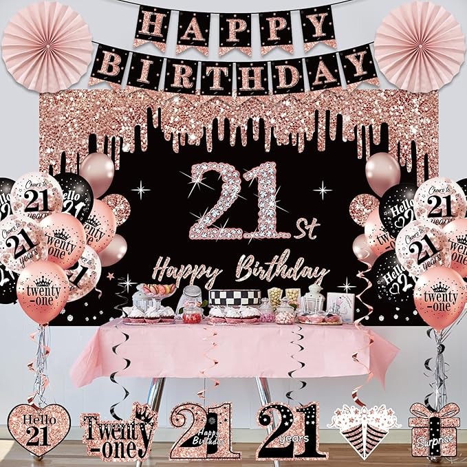 21st Birthday Decorations for Her 33pcs 21 Crown and Sash Black Rose