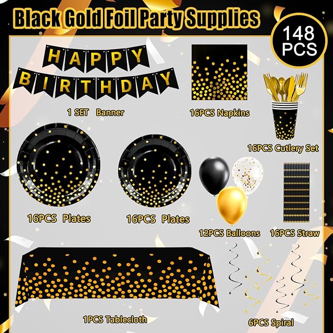 148 Pcs Black and Gold Party Decorations 16 Guests Black and Gold