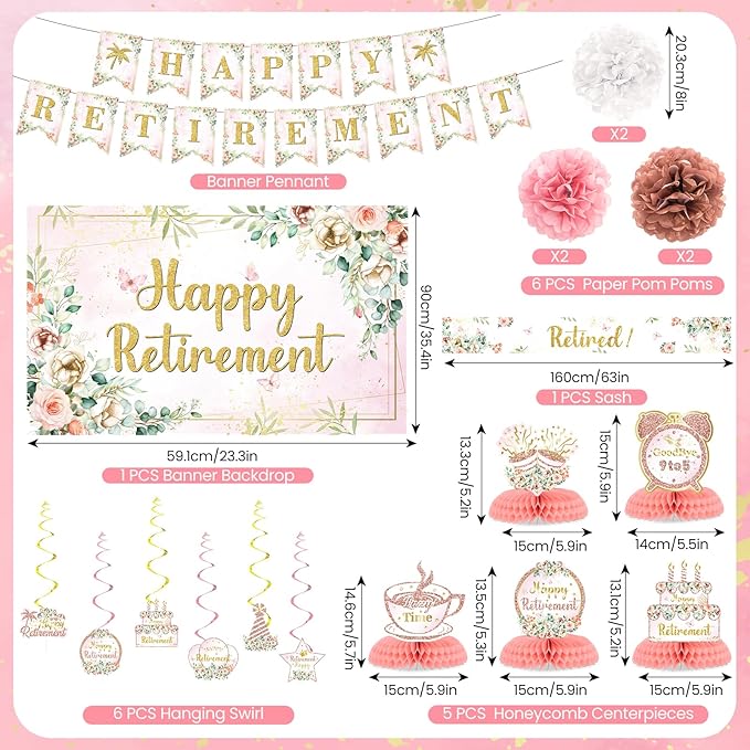 Pink Floral Retirement Party Decorations for Women Happy Retirement