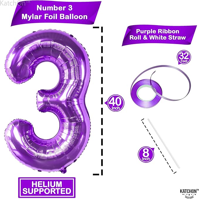 KatchOn, Giant Purple Number 3 Balloon - 40 Inch | 3rd Mylar Foil