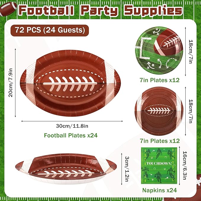 72PCS Football Party Plates and Napkins 11.8in Football Shaped
