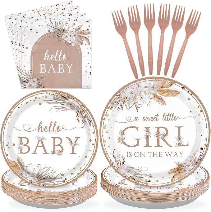 96pcs Boho Baby Shower Party Decorations Boho Hello Baby Girl Pink