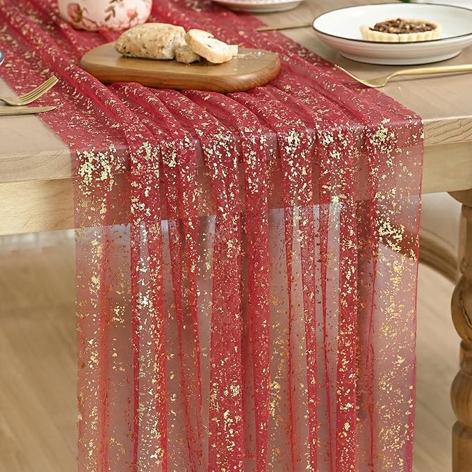 Artoid Mode Red Gold Gauze Table Runner 59x120 Inch 10FT, Glitter