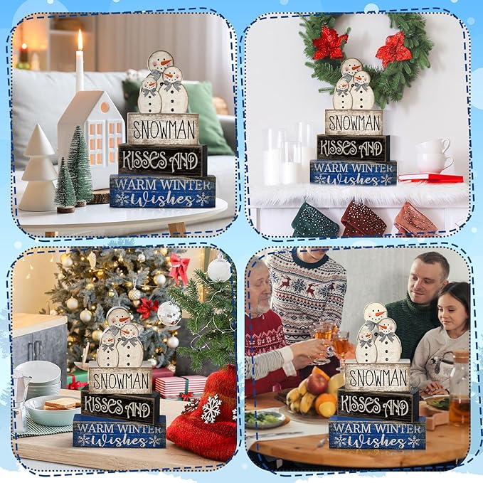4 Pcs Winter Table Decor Wooden Snowman Decorations Winter Tiered