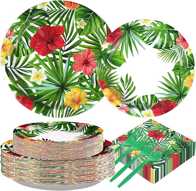 200pcs Hawaiian Luau Party Decorations Tropical Luau Plates and