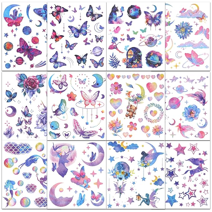 Ozepao Glitter Temporary Tattoos for Girls, 12 Sheets of Mixed